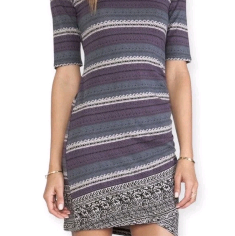 Free People Border Print Bodycon Ruched Faux Wrap Stripe Dress Blue Stone Sz XS